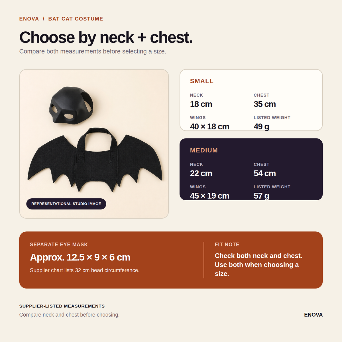 Enova Bat Cat Costume fit guide with supplier-listed Small and Medium measurements