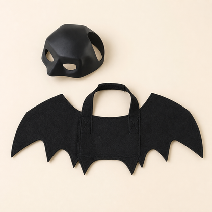 Representational studio flat lay of the separate black cowl mask and wing harness