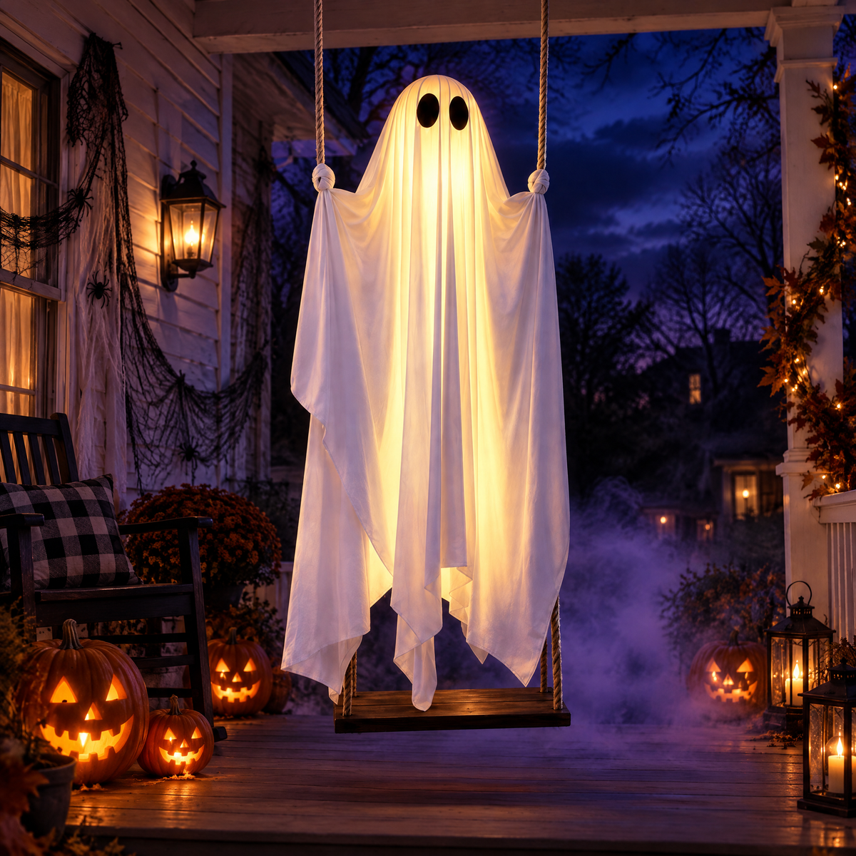 GlowSwing ghost glowing on its rope swing on a porch at night