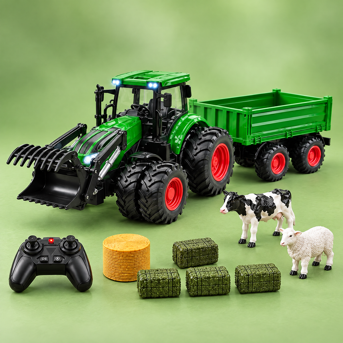 HarvestHaul green RC farm tractor with trailer and remote