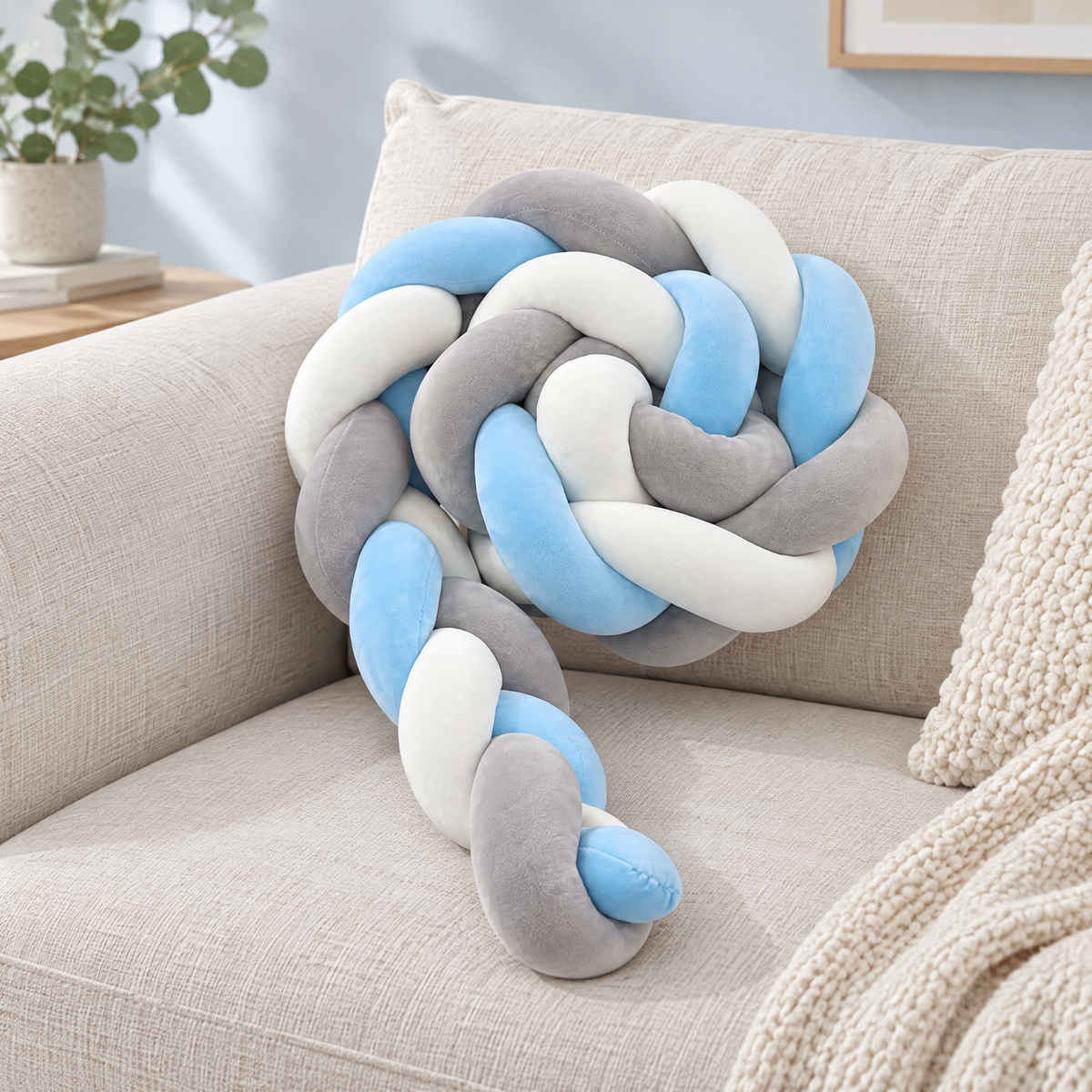 LoopNest braided knot pillow in sky blue, white and grey on a sofa