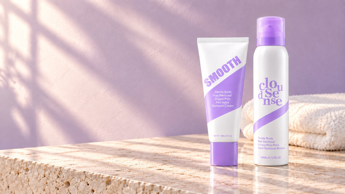 Silkform cream and spray displayed on an ivory bathroom vanity; representational editorial image