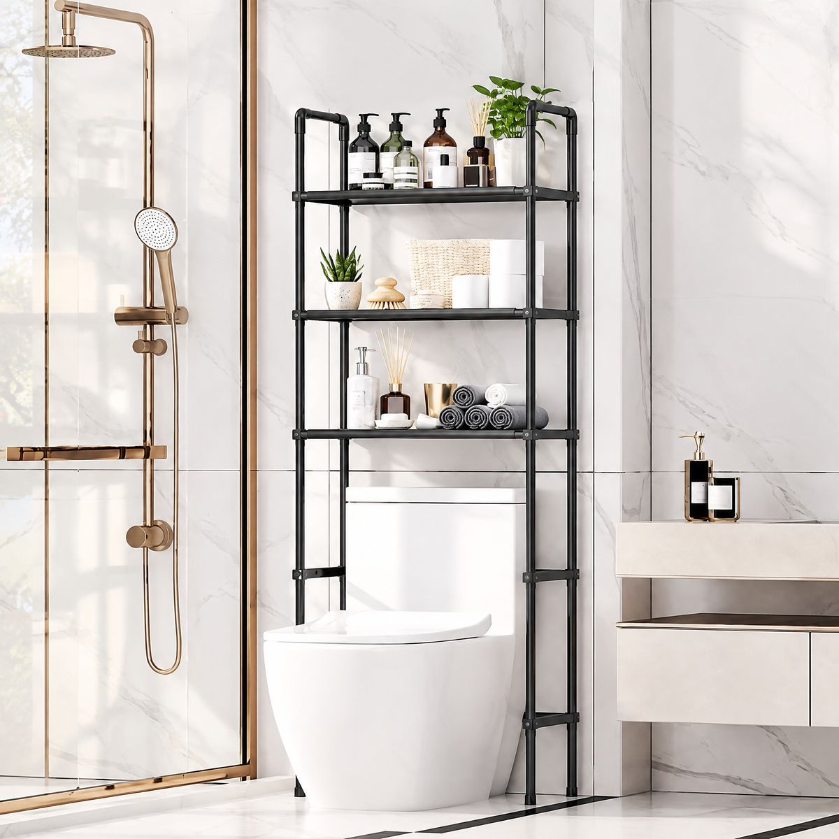 StackWell black 3-shelf over-the-toilet rack in a bright bathroom