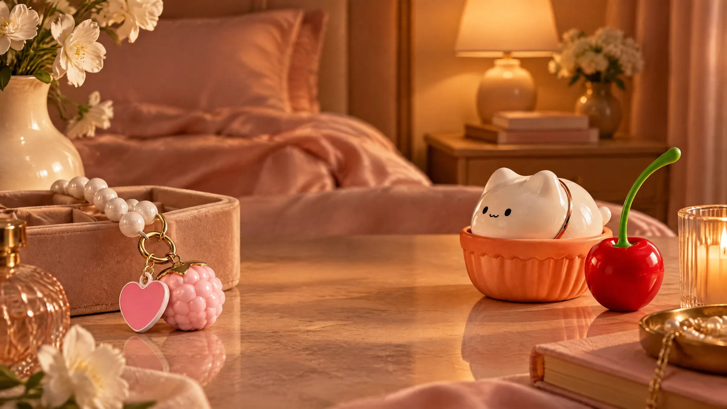 Pearl, Mochi and Cherie on a nightstand