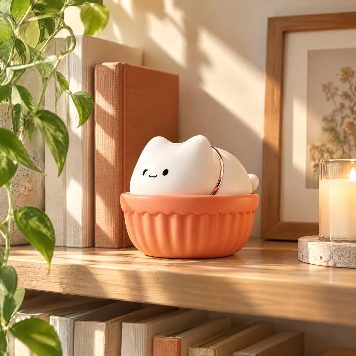 Mochi on a bookshelf