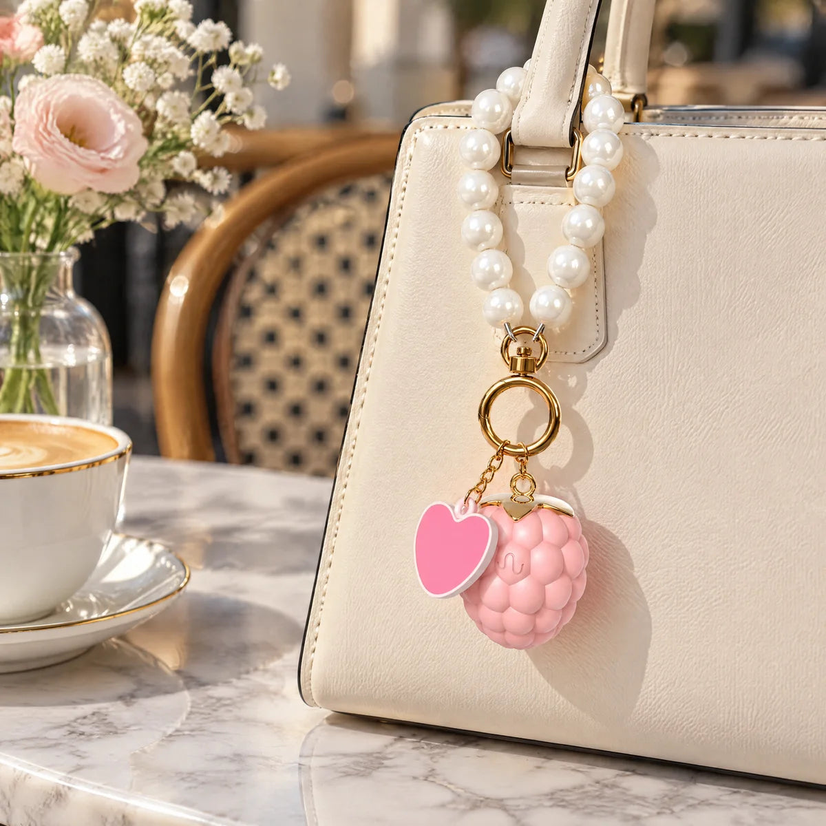 Pearl clipped to a handbag