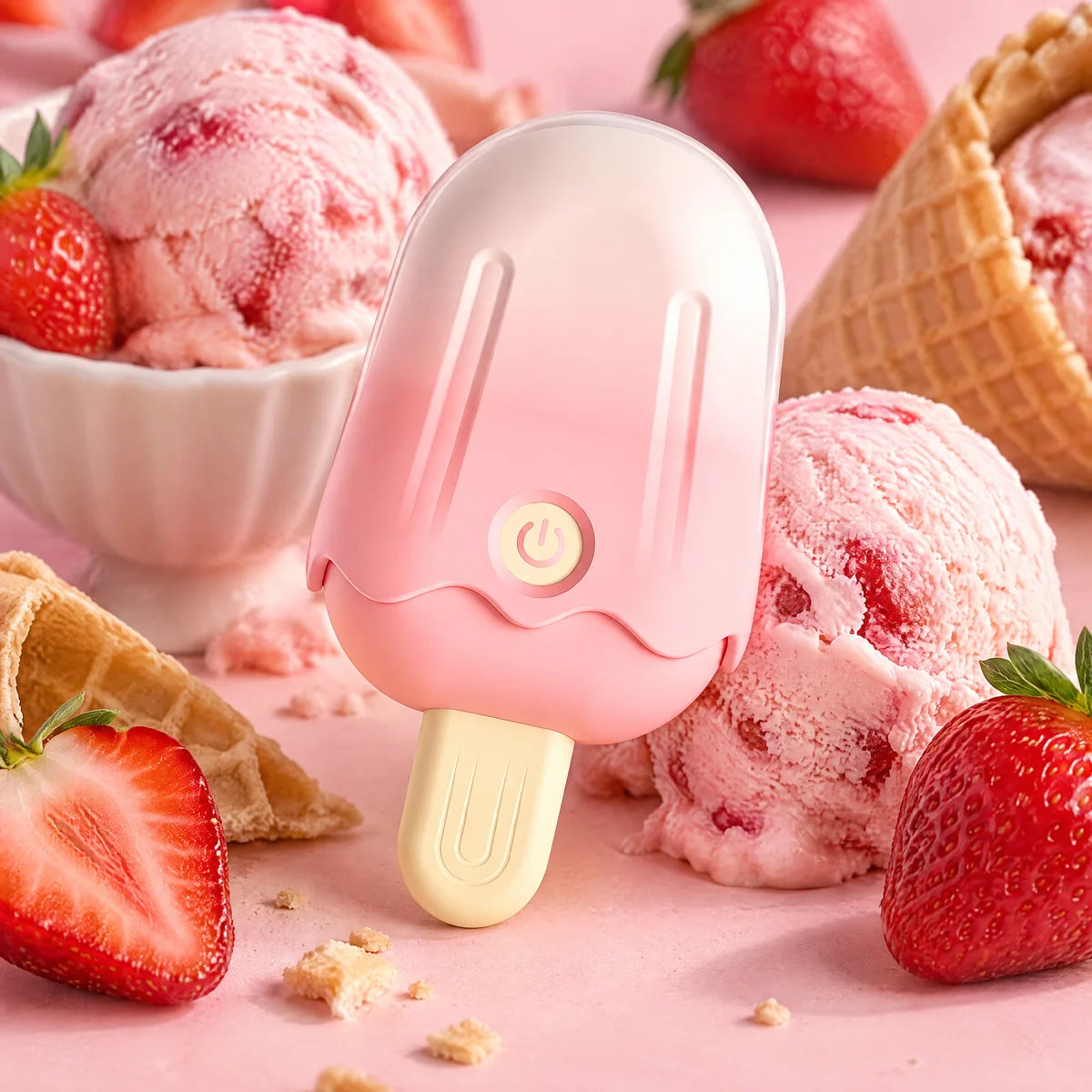 Scoop among ice cream and strawberries