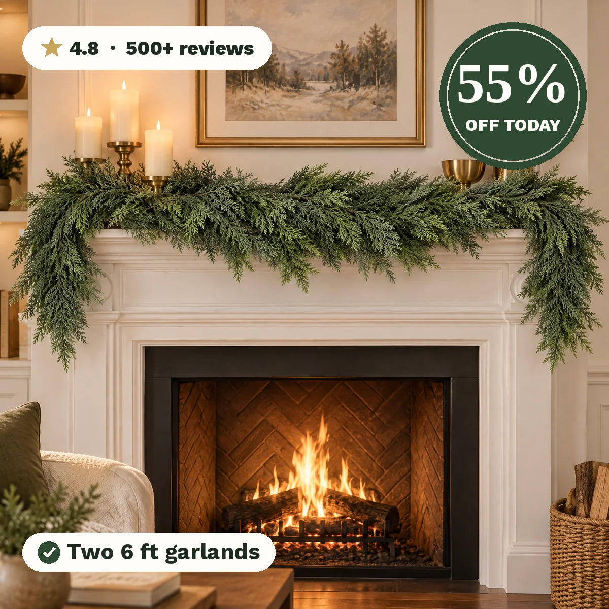 EverCedar cedar garland on a fireplace mantel, 55% off