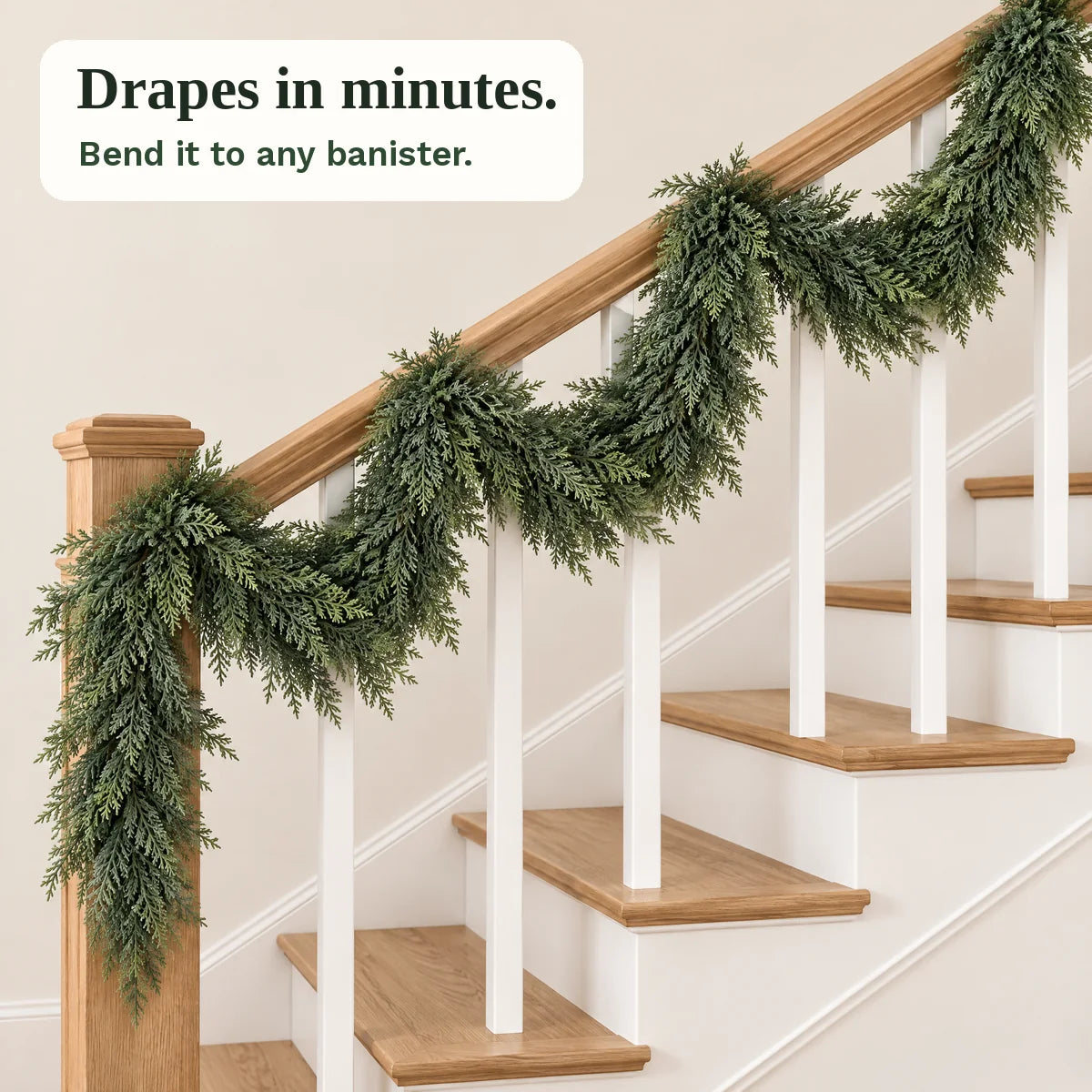EverCedar garland on a staircase banister