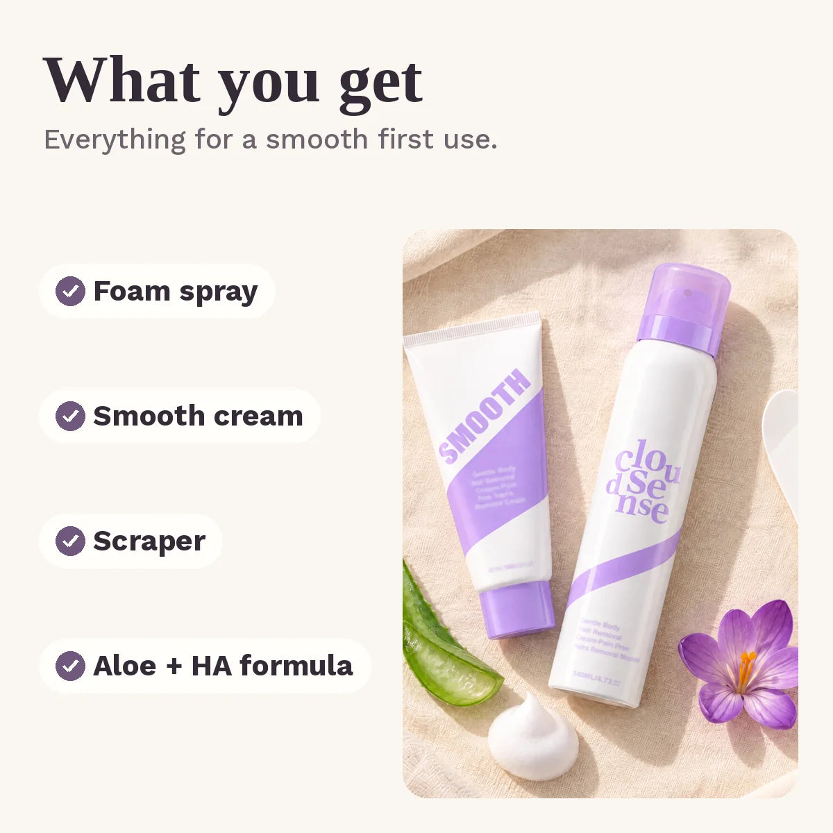 What you get: foam spray, smooth cream and scraper
