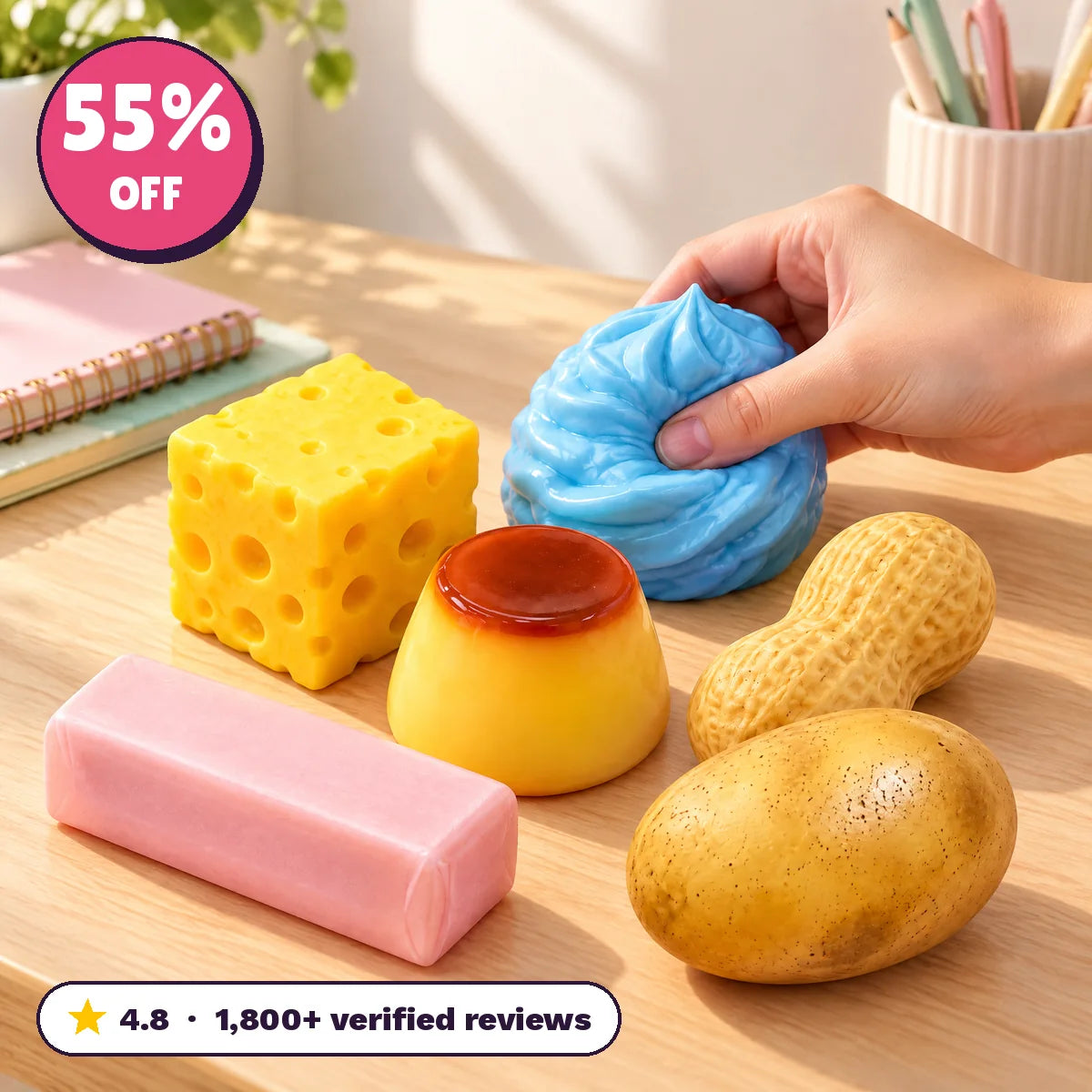 SnackSquish six-piece snack squishy set on a desk, 55% off