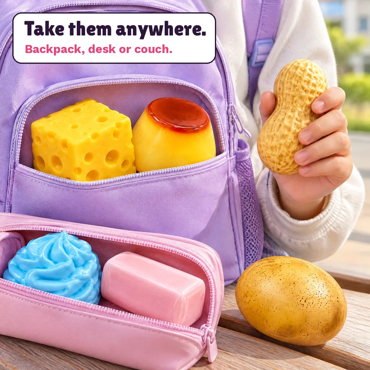 Squishies tucked in a backpack pocket