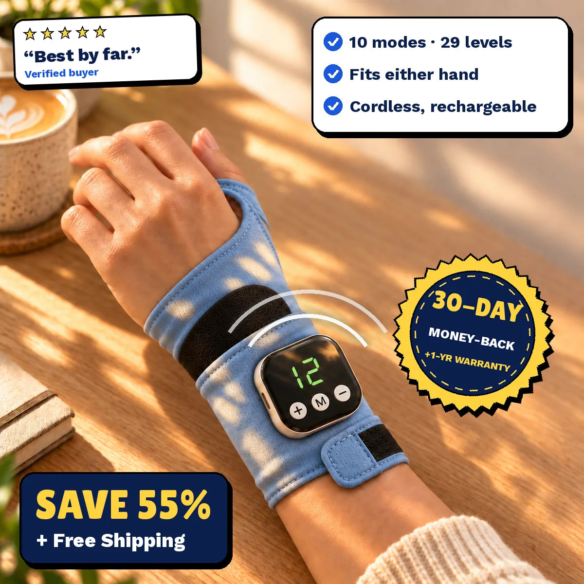 PulseWrap EMS wrist wrap on a hand, 55% off