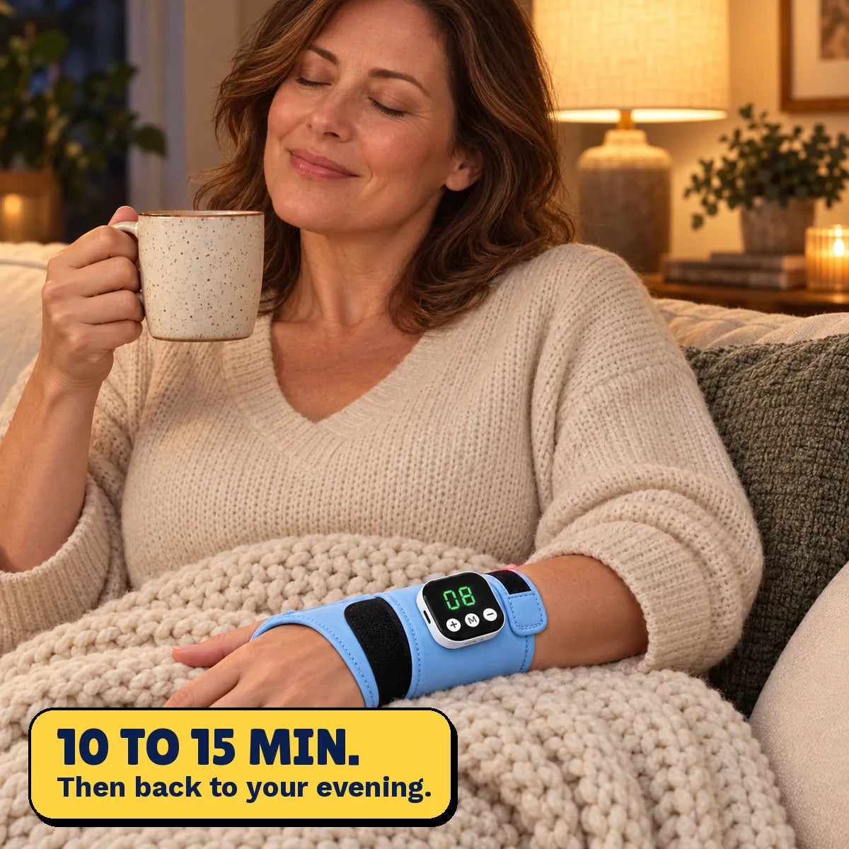 Relaxing on the sofa wearing PulseWrap